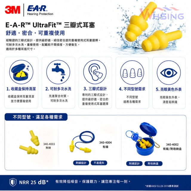 3M 340-4004可水洗附線耳塞  100付/盒